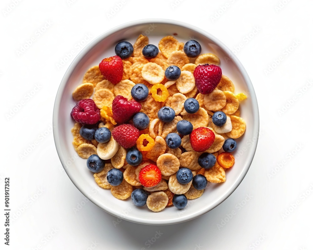A bowl of cereal with blueberries, strawberries, and milk A bowl of cereal with blueberries, strawberries, and milk