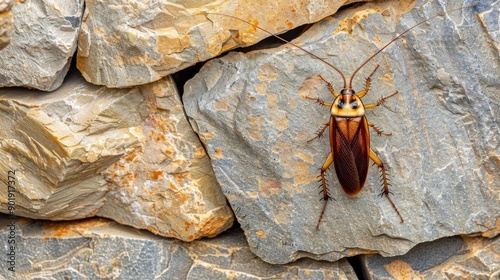 Timber cockroach on stone wall background photo