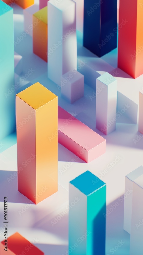 Colorful 3d geometric cityscape with tall abstract structures, modern design concept Colorful 3d geometric cityscape with tall abstract structures, modern design concept