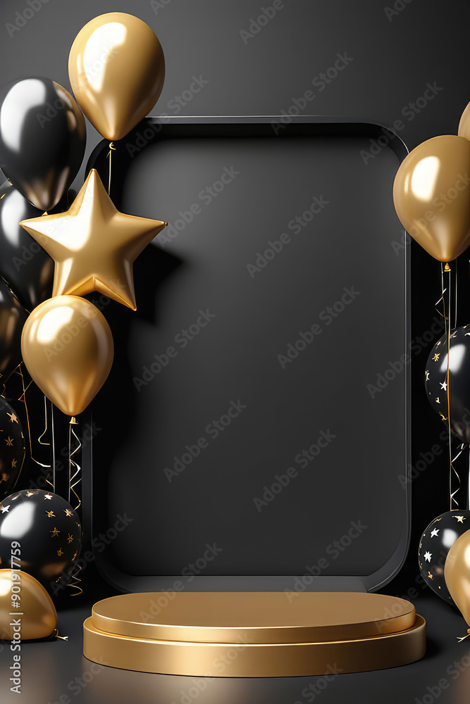 Happy greeting with empty gold podium, black and gold stars balloons for birth day mock up decoration on a black background.