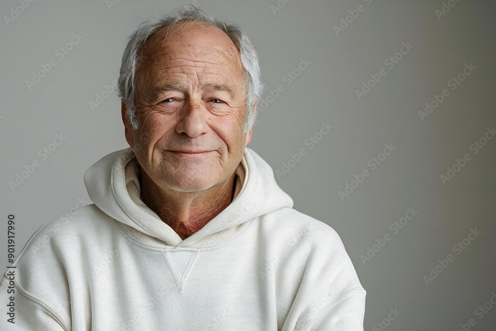 : Senior man in a sweatshirt posing confidently and smiling on a white background.
