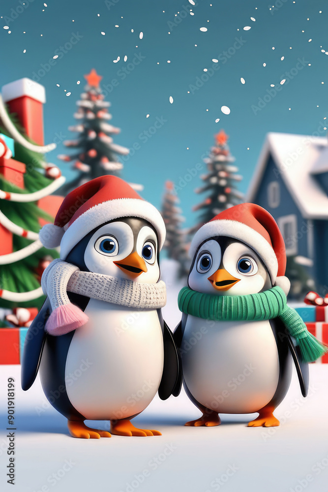Greeting card with cartoon character penguins, colorful confetti and Christmas snow scene. Greeting card with cartoon character penguins, colorful confetti and Christmas snow scene.