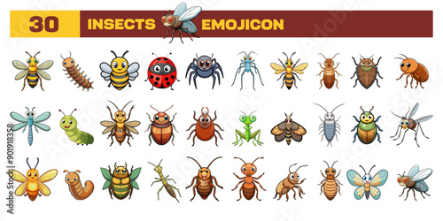 Set of vector Insects emoji, clipart, or icon. Cartoon style cute different all animals Insects in one icon bundle