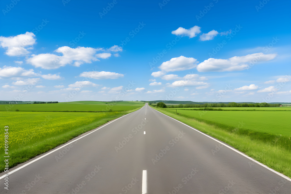 A Lone Achingly Empty Tarmac Road Cutting Through Vast Countryside Fields Under Clear Blue Sky: A Visual Metaphor for Solitude and Tranquillity A Lone Achingly Empty Tarmac Road Cutting Through Vast Countryside Fields Under Clear Blue Sky: A Visual Metaphor for Solitude and Tranquillity