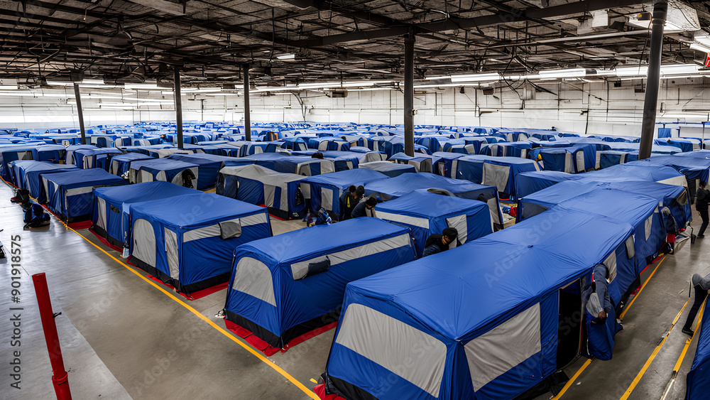 Obraz premium Humanitarian Crisis - Overcrowded Shelters, Basic Needs
