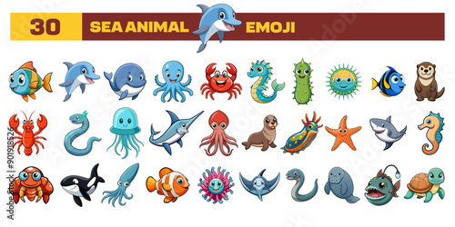 Set of vector Sea animals emoji, clipart, or icon. Cartoon style cute different all Sea animals emojis in one icon bundle