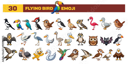 Set of vector Birds emoji, clipart, or icon. Cartoon style cute different all Birds emojis in one icon bundle