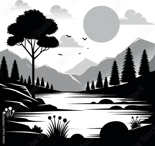 Beautiful relaxing landscape with mountain river and tree Silhouette illustration vector