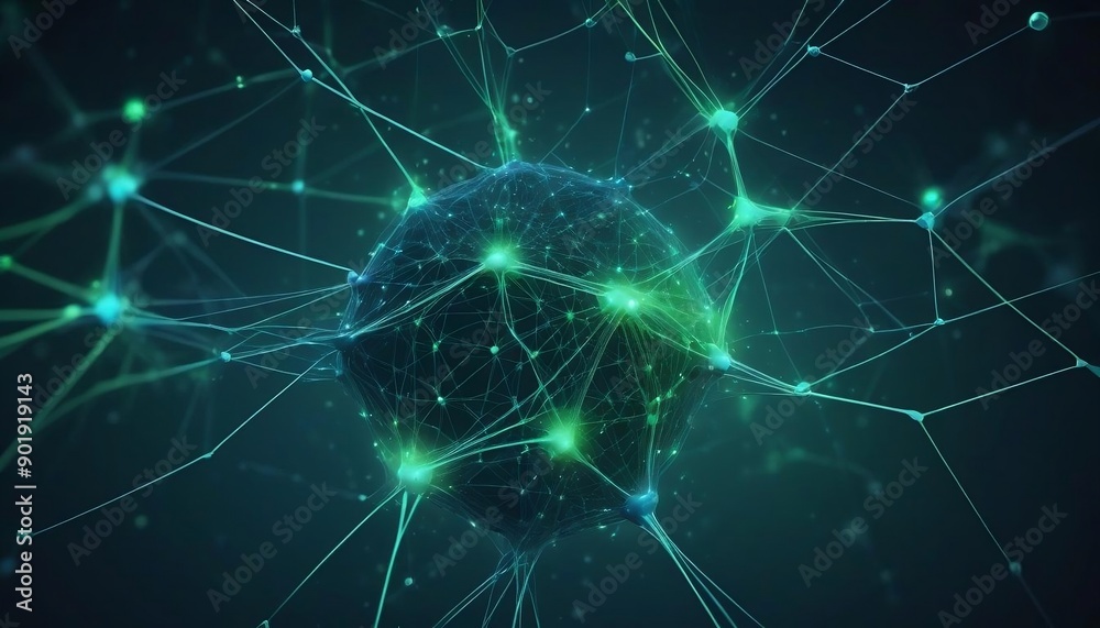 Abstract green technology background with a cyber network grid & connected particles. Artificial neurons, global data connections created with Generative AI Abstract green technology background with a cyber network grid & connected particles. Artificial neurons, global data connections created with Generative AI