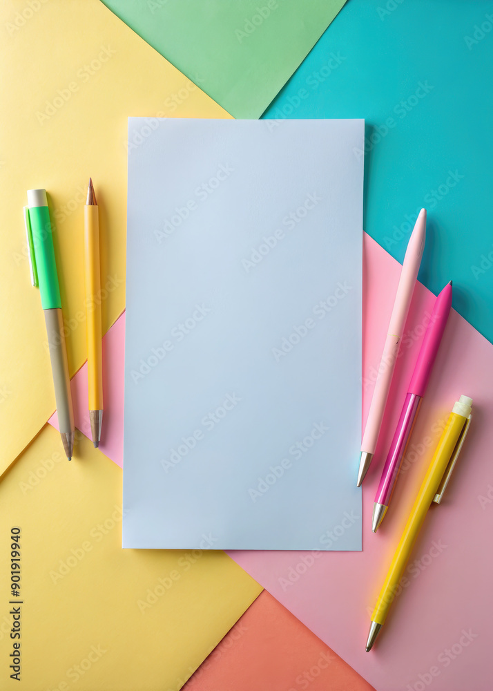 top view of a blank sheet of paper and stationery, pens, pencils, notepad, space for text, drawing, table, office, layout, notebook, white, pastel, color, school, writing, diary, notes, desk top view of a blank sheet of paper and stationery, pens, pencils, notepad, space for text, drawing, table, office, layout, notebook, white, pastel, color, school, writing, diary, notes, desk