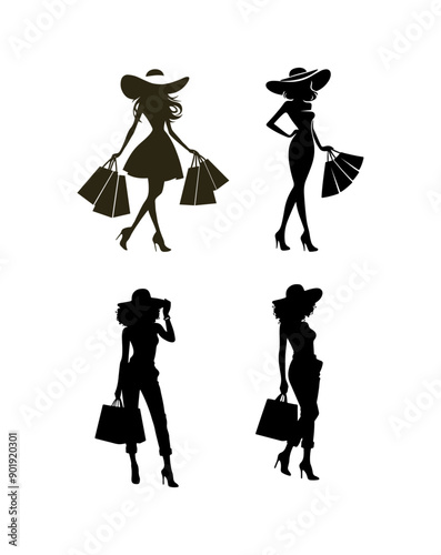 Collection of stylish women silhouettes, elegant and fashionable young females with shopping bags