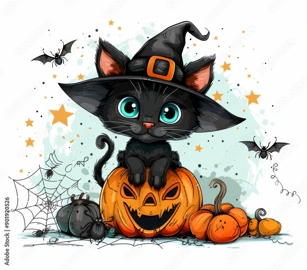 Halloween Black Cat on Pumpkin with Witch Hat - Cute Cartoon Illustration for Halloween Decor and Posters Halloween Black Cat on Pumpkin with Witch Hat - Cute Cartoon Illustration for Halloween Decor and Posters