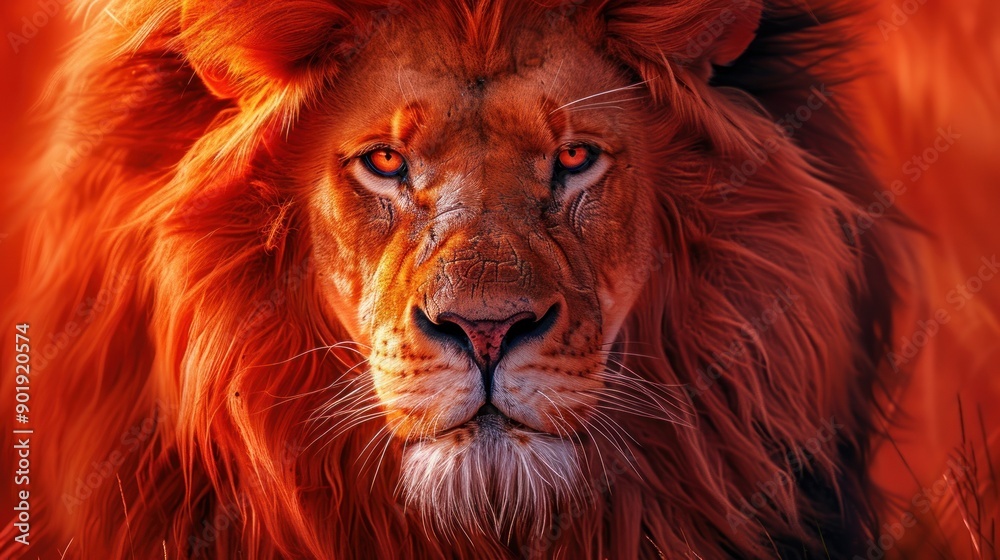 A lion with red and orange mane. The lion's face is looking at the camera. The image has a bold and spirited feel. A lion with red and orange mane. The lion's face is looking at the camera. The image has a bold and spirited feel.