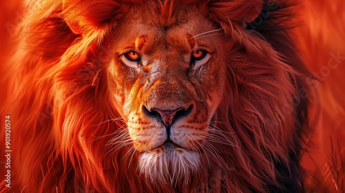 A lion with red and orange mane. The lion's face is looking at the camera. The image has a bold and spirited feel. © uut