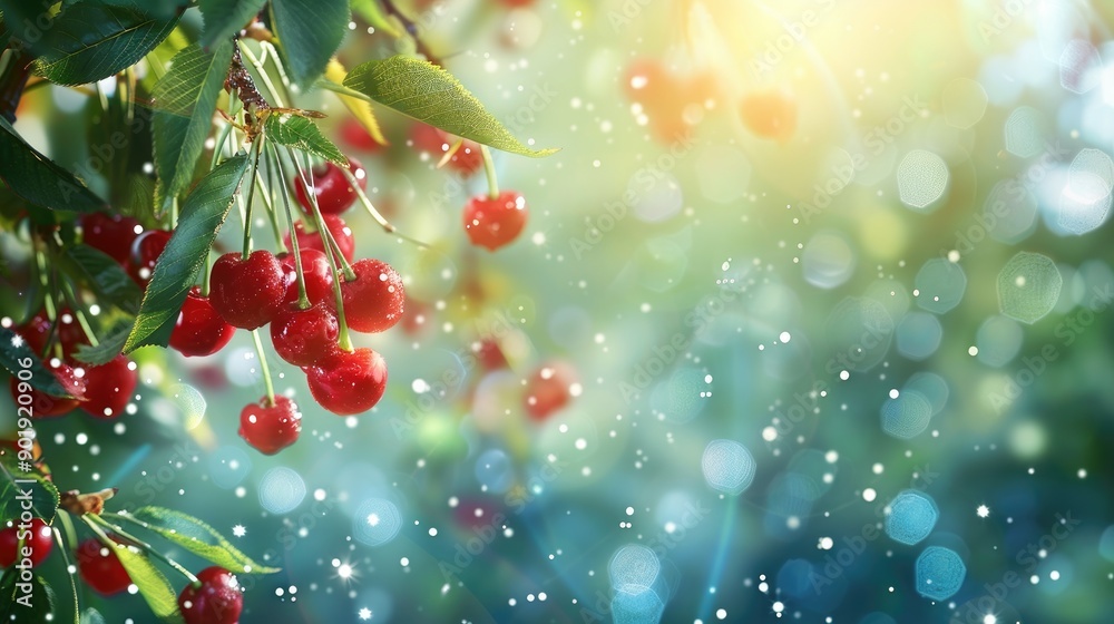 Appetizing cherries on cherry tree wallpaper with space Appetizing cherries on cherry tree wallpaper with space