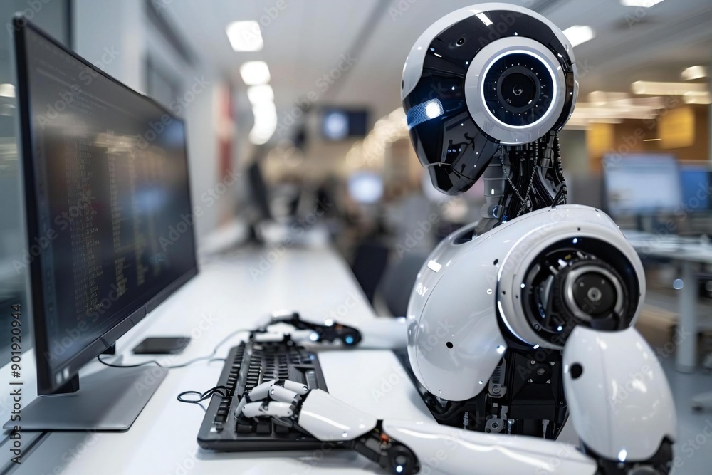 photo of a robot typing on a computer in a modern workspace, showcasing digital automation and futuristic technology in the workplace. photo of a robot typing on a computer in a modern workspace, showcasing digital automation and futuristic technology in the workplace.