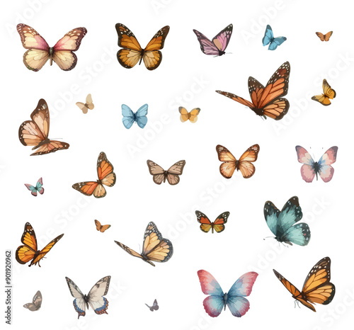 Collection of beautiful watercolor butterflies.