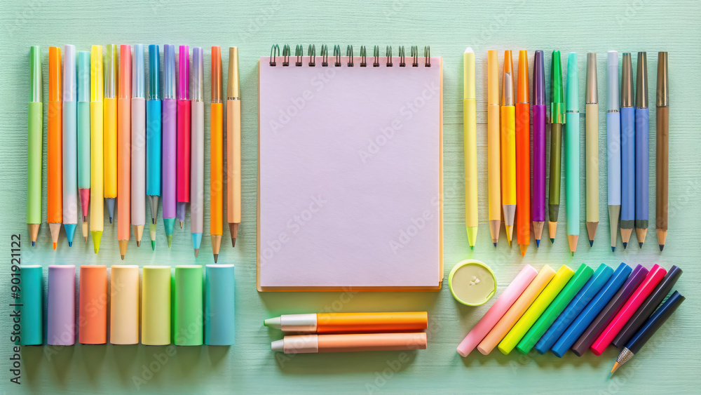 top view of a blank sheet of paper and stationery, pens, pencils, notepad, space for text, drawing, table, office, layout, notebook, white, pastel, color, school, writing, diary, notes, desk top view of a blank sheet of paper and stationery, pens, pencils, notepad, space for text, drawing, table, office, layout, notebook, white, pastel, color, school, writing, diary, notes, desk