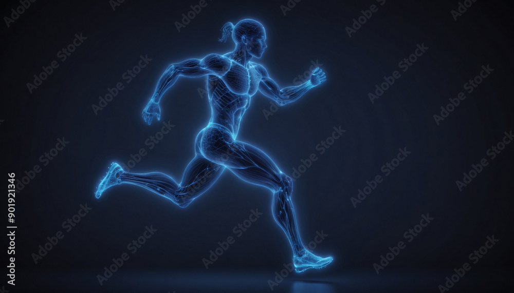 Obraz premium Blue glowing wireframe of an athlete running, a digital concept for sports training & exercise health care or fitness activity in the style of technology created with Generative AI