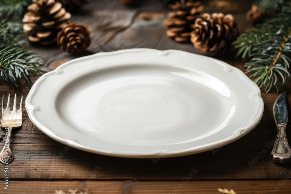 Empty white plate on wooden christmas festive table setting Empty white plate on wooden christmas festive table setting