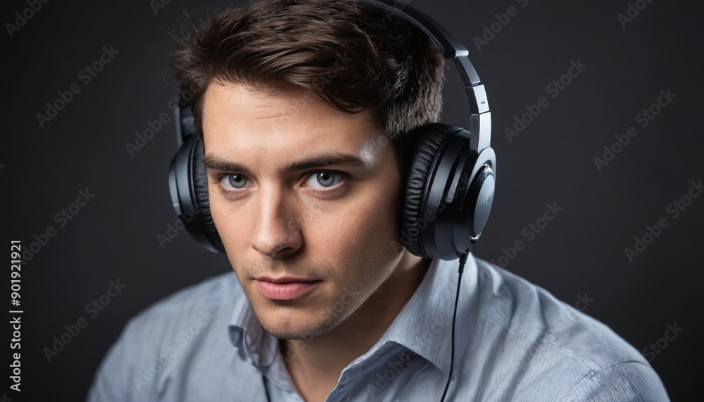 An introspective young man wearing headphones in a minimalist studio setting An introspective young man wearing headphones in a minimalist studio setting