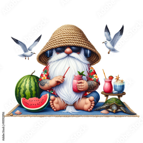 A whimsical character enjoys summer vibes with drinks, fruits, and seagulls, perfect for vacation themes and relaxation. photo