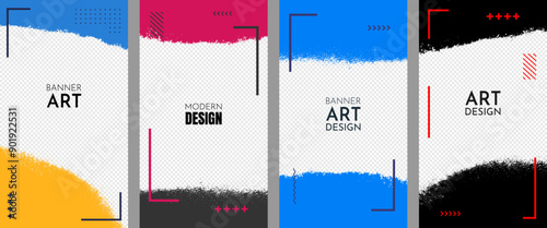 Vector illustration. Color brush strokes border elements. Messy ink design for invitation, flyer, coupon, leaflet, voucher. Retro background collection with geometric frame, memphis pattern