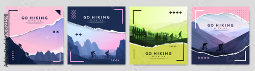 Vector illustration. Travel concept of discovering, exploring and observing nature. Couple hiking, trekking. Adventure tourism background with tear paper overlay and memphis pattern geometric elements