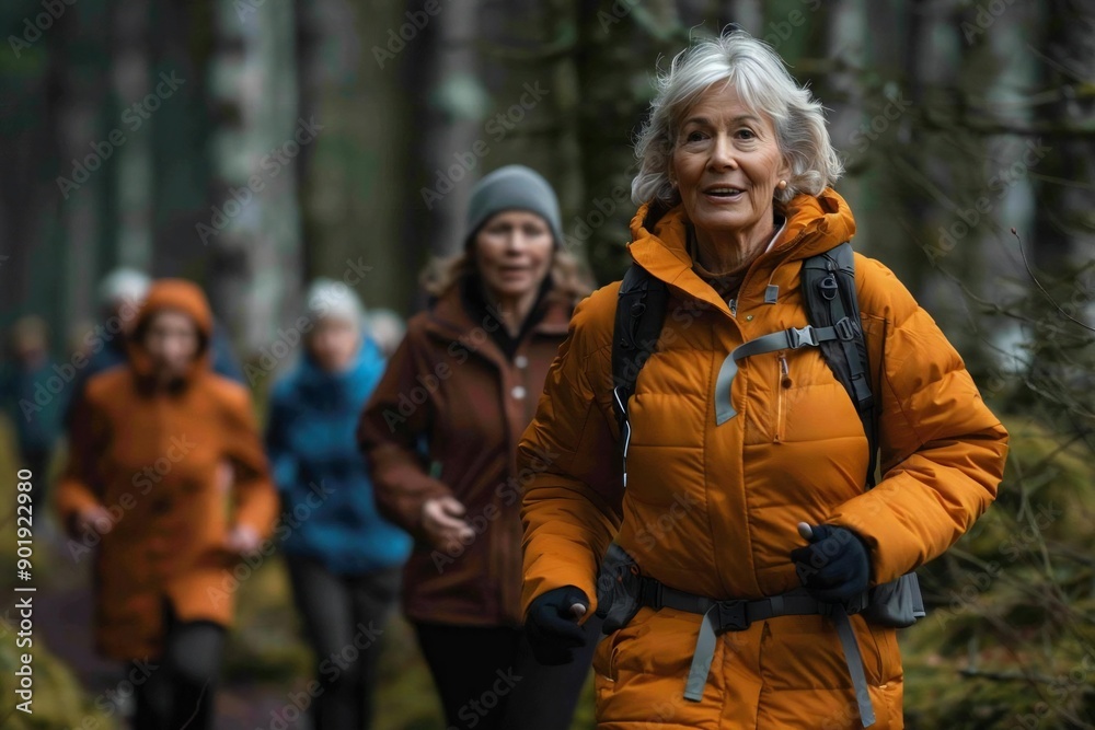 photo of a senior woman jogging through a forest trail with friends, showcasing health and fitness. photo of a senior woman jogging through a forest trail with friends, showcasing health and fitness.