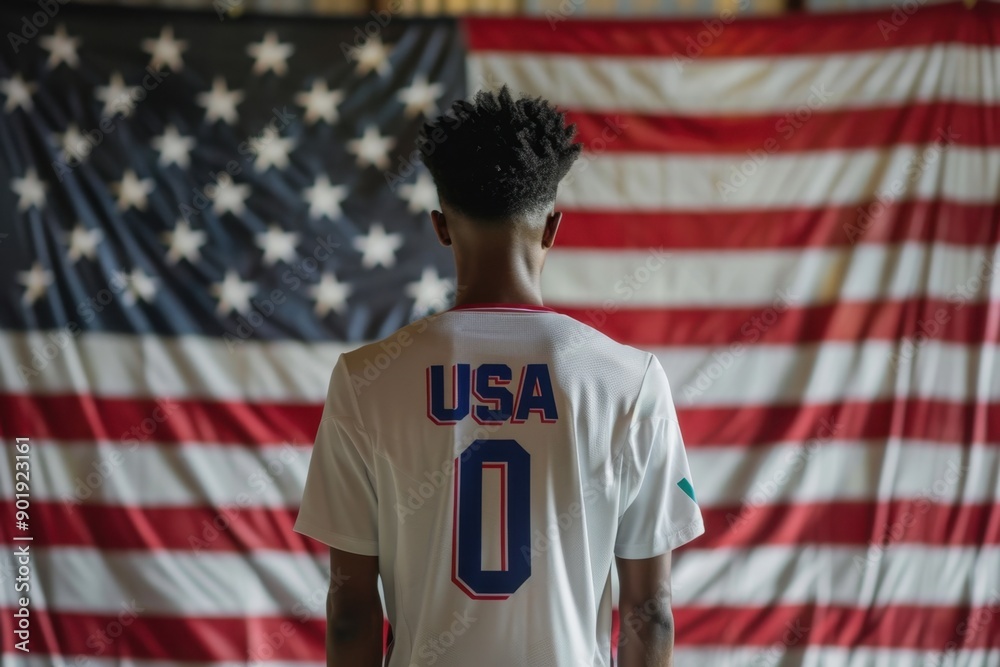 Fototapeta premium The back of the soccer player stands in front of an American flag with 