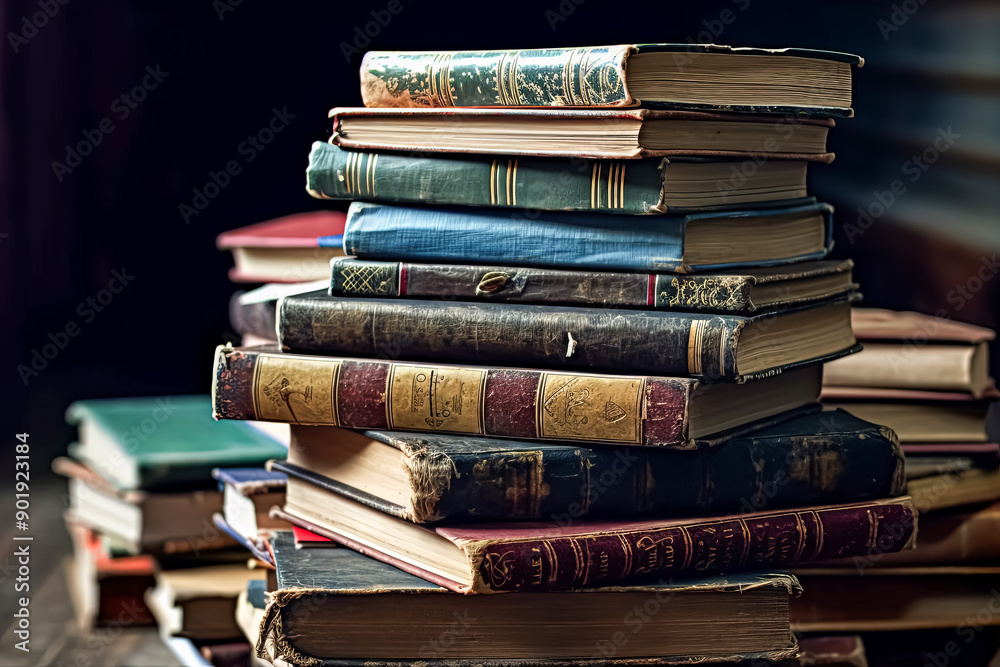 A stack of books on a wooden table. A stack of books on a wooden table.