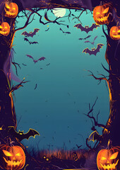 Halloween night frame with bats and Jack O' Lanterns. Vector poster illustration.