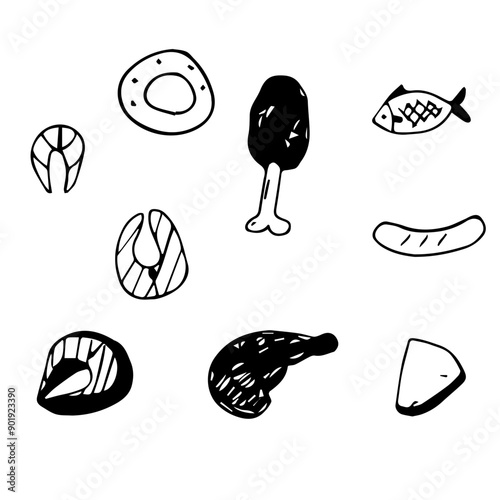 Fish and meat for grilling vector set. Doodle elements.