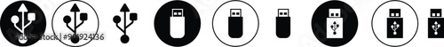 USB icon set. Flash disk flash drive flat and line black vector collection isolated on transparent background. Internet video. Console media storage, Computer Technology, charger, data transfer sign.