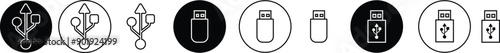 USB icon set. Flash disk flash drive flat and line black vector collection isolated on transparent background. Internet video. Console media storage, Computer Technology, charger, data transfer sign.