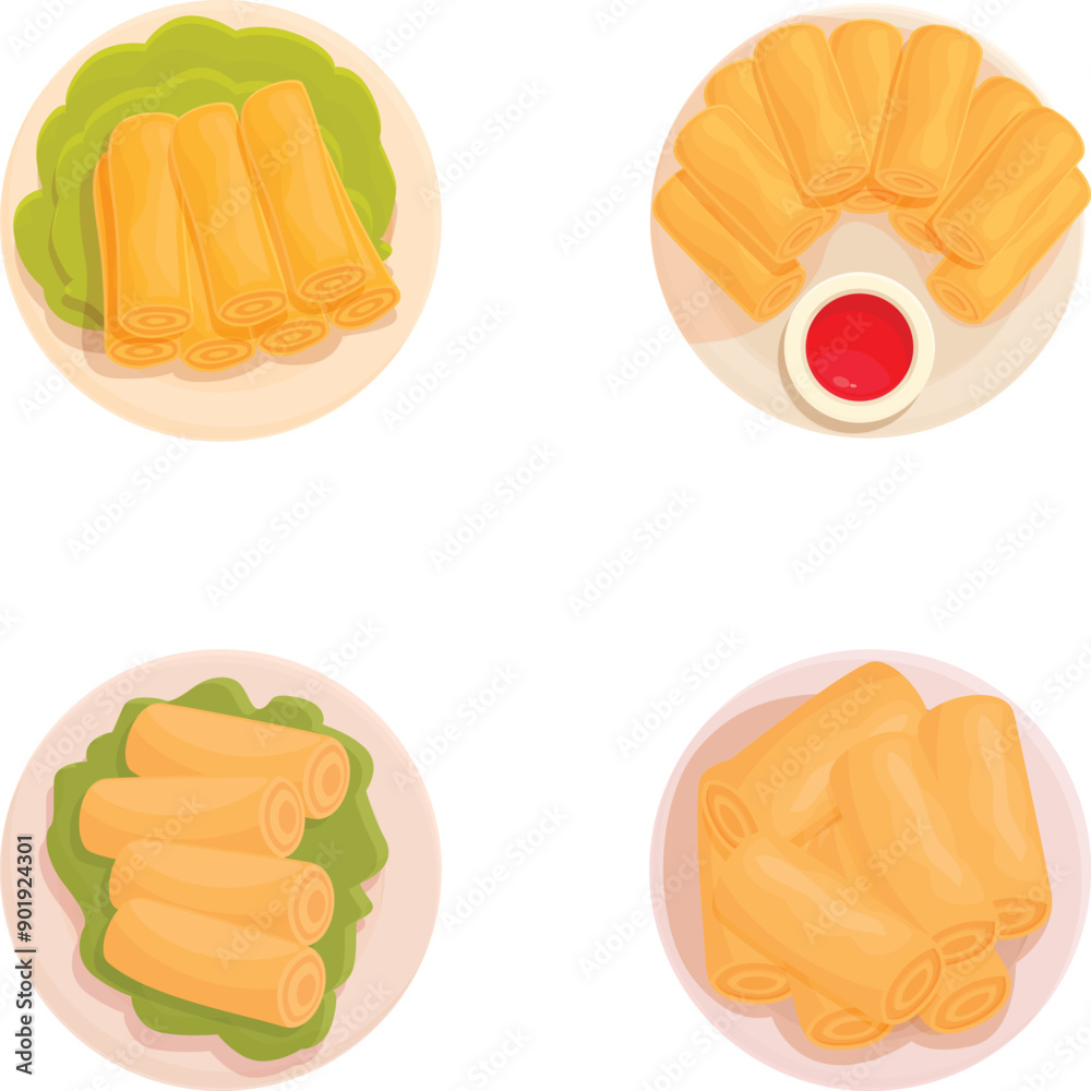 Collection of four assorted spring roll vectors, perfect for menus and food illustrations Collection of four assorted spring roll vectors, perfect for menus and food illustrations