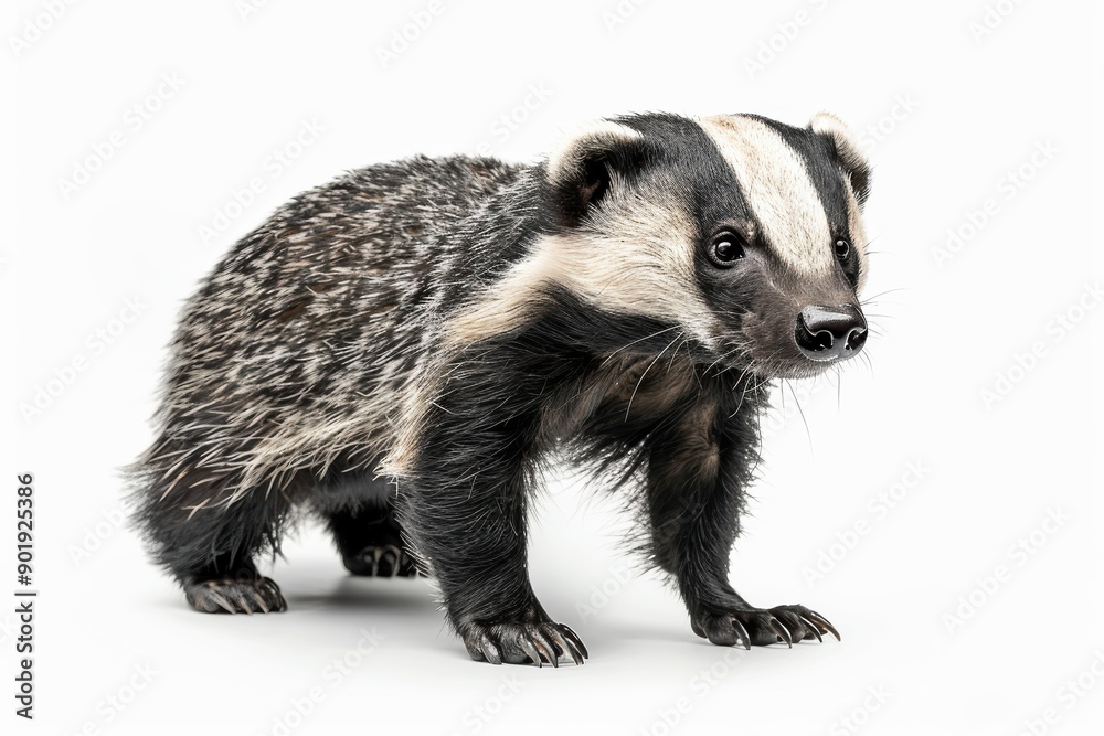 Honey badger standing on white background looking sideways Honey badger standing on white background looking sideways