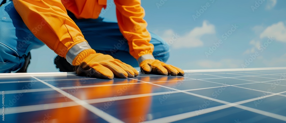Professional technician installing solar panels on a rooftop, highlighting sustainability and clean energy, clear skies, focus on green technology, high-resolution photo, hyper realistic Professional technician installing solar panels on a rooftop, highlighting sustainability and clean energy, clear skies, focus on green technology, high-resolution photo, hyper realistic