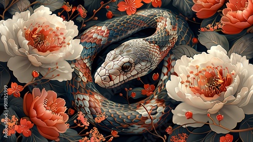 Traditional Chinese Painting of Snake with Flowers photo