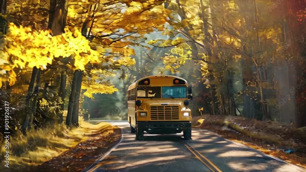A yellow school bus driving on a winding road through a forest with golden autumn leaves and sunlight A yellow school bus driving on a winding road through a forest with golden autumn leaves and sunlight