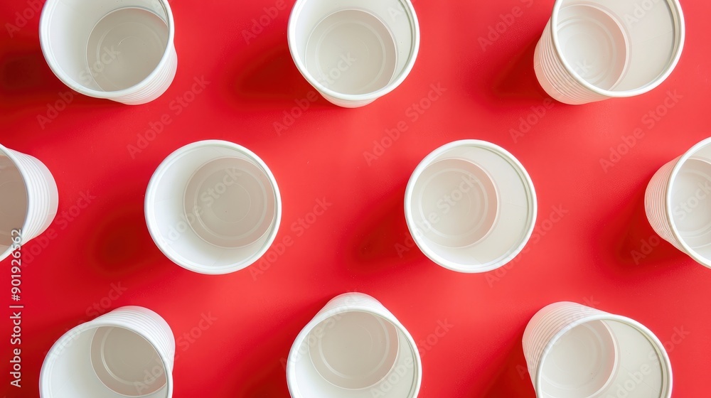 White plastic cups seen from above on a red background White plastic cups seen from above on a red background