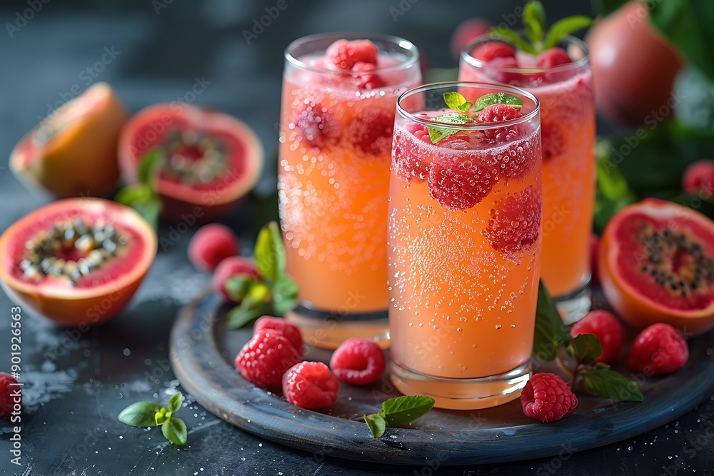 a group of glasses with fruit on a plate.