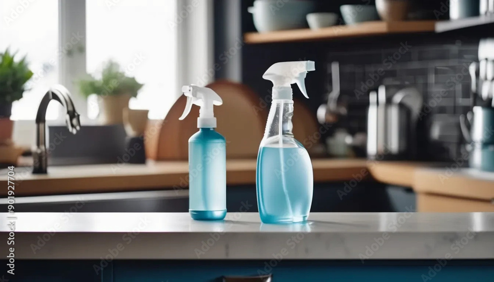 Cleaning products in transparent spray bottles on the table. Cleaning products in transparent spray bottles on the table.