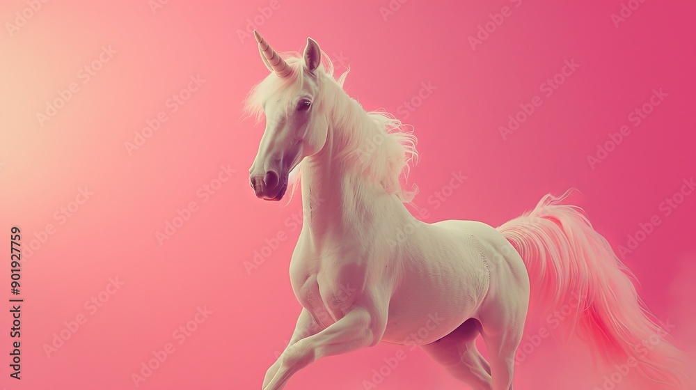 Fototapeta premium White unicorn on a pink gradient background, fantasy concept
