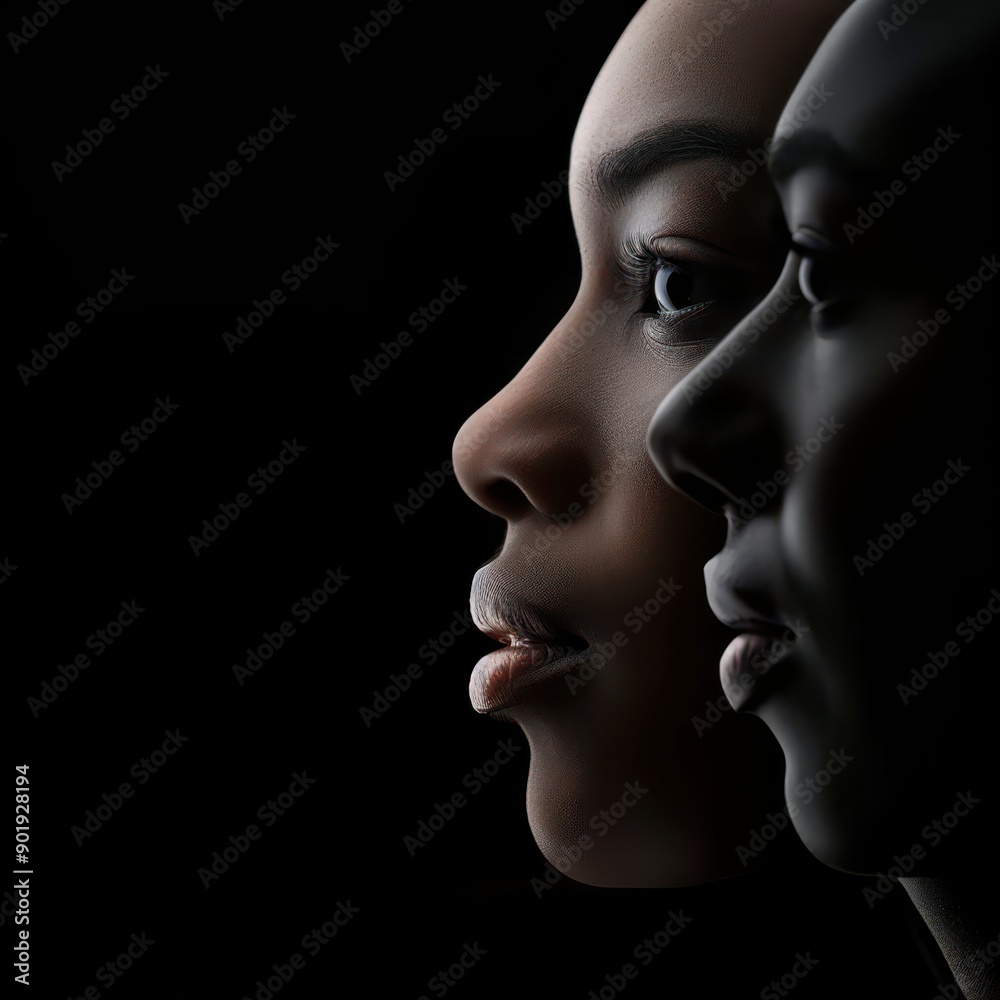 Artistic Representation of Two Profiles Highlighting Diversity and Unity Against a Dark Background