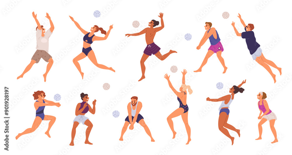People play volleyball at beach. Players serving and hitting ball. Sports competitive game. Athletes in swimsuits and shorts. Volleyballers poses. Outdoor tournament. Garish vector set People play volleyball at beach. Players serving and hitting ball. Sports competitive game. Athletes in swimsuits and shorts. Volleyballers poses. Outdoor tournament. Garish vector set