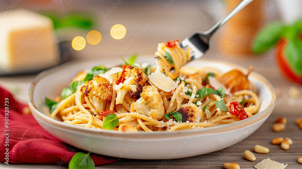 Delicious pasta dish featuring spaghetti with roasted cauliflower Italian food with fresh herbs and parmesan cheese. Enjoy this vibrant meal served in a stylish plate Delicious pasta dish featuring spaghetti with roasted cauliflower Italian food with fresh herbs and parmesan cheese. Enjoy this vibrant meal served in a stylish plate