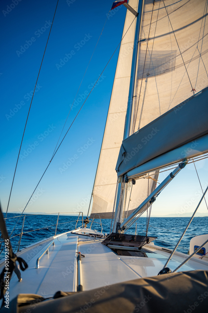 Yacht sailing in an open sea. Close-up view of the deck, mast and sails. Yachting concept Yacht sailing in an open sea. Close-up view of the deck, mast and sails. Yachting concept