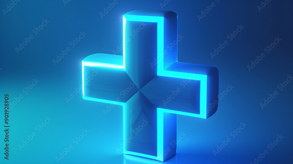 Fototapeta premium Neon glowing 3d cross on blue background, futuristic design. Medical and technology concept