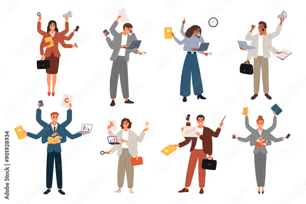 Multitasking characters. Men and women with lots of hands. Executive people performing several tasks at same time. Successful businessman. Effective business management. Garish vector set Multitasking characters. Men and women with lots of hands. Executive people performing several tasks at same time. Successful businessman. Effective business management. Garish vector set